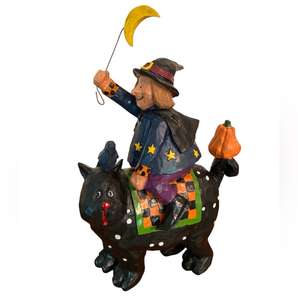 Halloween Resin Figurine Witch Riding a Cat Pumpkin Raven Moon Stars Checkered